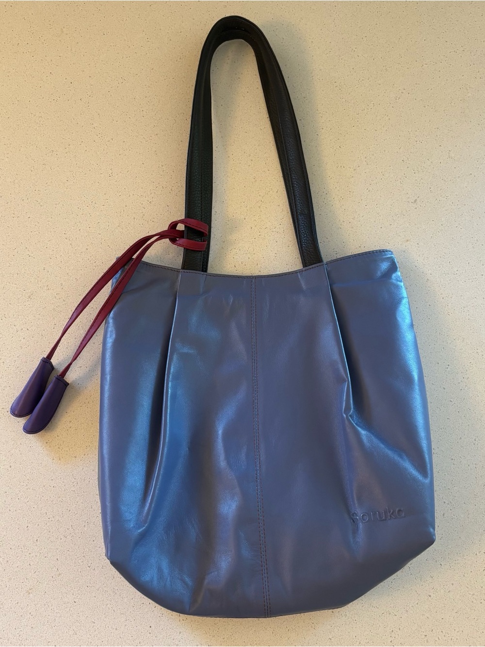 Leather Tote in Slate Blue with Black Handles and Red Accent